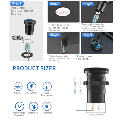 12V USB Outlet PD 100W USB C and QC3.0 18W Port Aluminum Car Charger Socket for Laptops Tablets Phones, Cigarette Lighter Replacement Car Accessories DIY for RV Camper Truck Boat Golf