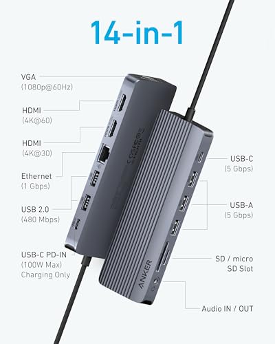 Anker Laptop Docking Station 3 Monitors, 14in1 USBC Hub with Triple Display | Dual 4K HDMI USB C Docking Station, VGA, 80W Max PD, USBA and USBC Data Ports, for Dell XPS and More (Charger Not Included) - size: 14 in 1 USB C Hub