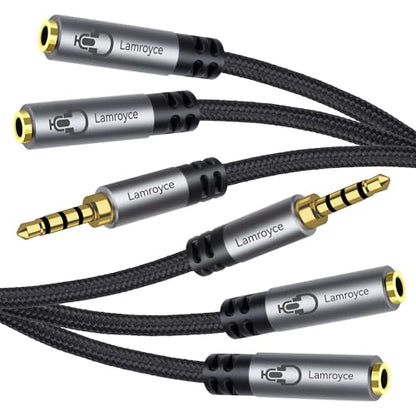Dual Headphone Splitter with Microphone, 1/8 inch 3.5mm 4-Pole TRRS Male to Dual TRRS Female Audio Mic Y Splitter Cable (1Feet) for Gaming Headsets, Online Chat, Sharing Audio on PC,Laptop,Phone-2Pack - color: 3.5mm TRRS 1 Male to 2 Female Splitter, size: