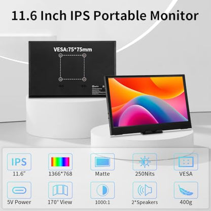11.6 Inch Portable Monitor, 1366x768 HD IPS Small HDMI Display, Dual USB-C, Low Power External Screen for Laptop PC Mac Switch Rasp Pi Xbox, Lightweight Second Monitor with Stand - size: 11.6”
