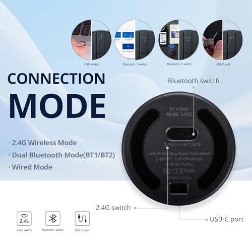 Stylish Mini Round Mouse with Pressure Sensing Reel, Ultra Portable Wireless Mouse Connectivity: Wired, 2.4G and Dual Bluetooth, Rubber Case Included (BT1/BT2-Black) - style: BT1/BT2-Black