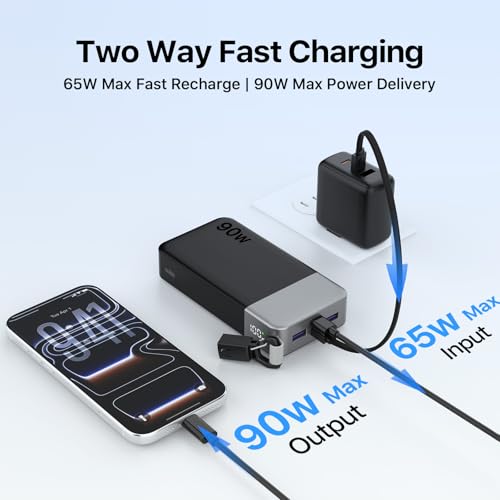 NOBIS Portable Charger 20000mAh 90W Power Bank w/Detachable Cable | 2C+2A USB-C Fast Charging Battery Pack with LED Display,Battery Bank for Laptops, Tablets, Phones and Steam Deck - color: Black