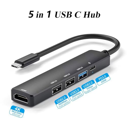 5 in 1 USB C Hub with 4K HDMI, PD 100W Fast Charging Type C Adapter, Multi-Port USB C Converter Compatible with Windows, MacOS, Linux sysytem; Support MacBook Air/Pro/ M1/ M2, Chromebook, XPS