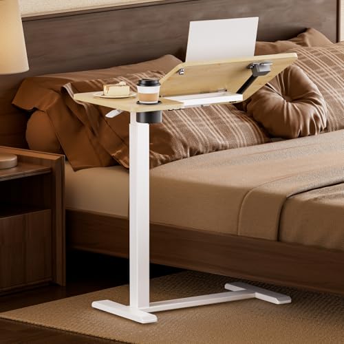 BIZUM Tilt Top Overbed Table on Wheels, Adjustable Rolling Bedside Table | Adjustable height 29.7-43.3in, tilting tabletop, 27.6x15.8in surface, cup holder, 22lb capacity, 4 hidden wheels - color: Maple