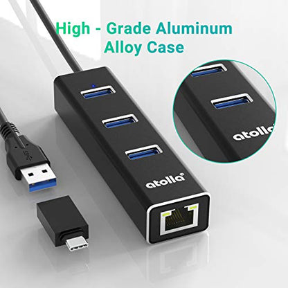 USB C to Ethernet Adapter 3-Port USB 3.0 Hub - 1000Mbps Gigabit RJ45 LAN Port, Driver-Free Aluminum Heat Dissipation for MacBook Pro/Dell XPS/Surface Laptop