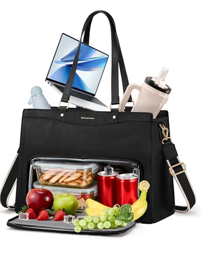 RAINSMORE Laptop Tote Bag with Insulated Lunch Compartment, 15.6 Inch Laptop Work Tote with Lunch Box Pocket for Women, Professional Business Briefcase for Office,Black - color: Black
