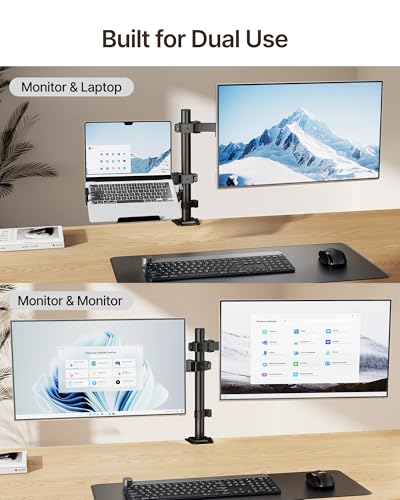 monTEK Monitor and Laptop Stand for 32" Screen and 17" Laptop | 2-in-1 desk mount holds 22 lbs, with height adjustment, tilt, swivel, clamp/grommet bases and VESA 75/100