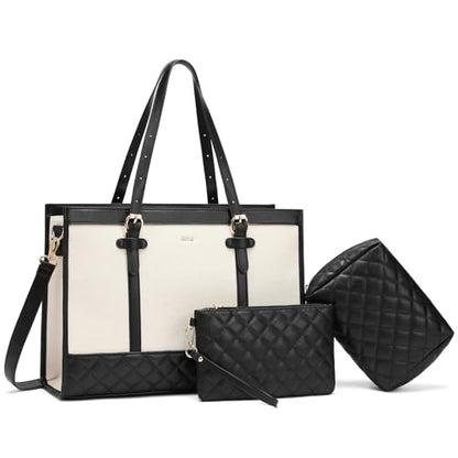 Keyli 3pcs Laptop Bag for Women,15.6 Inch Canvas Tote Bag Work Bags Large Business Computer Briefcase Shoulder Handbag Purse - color: S-black+khaki