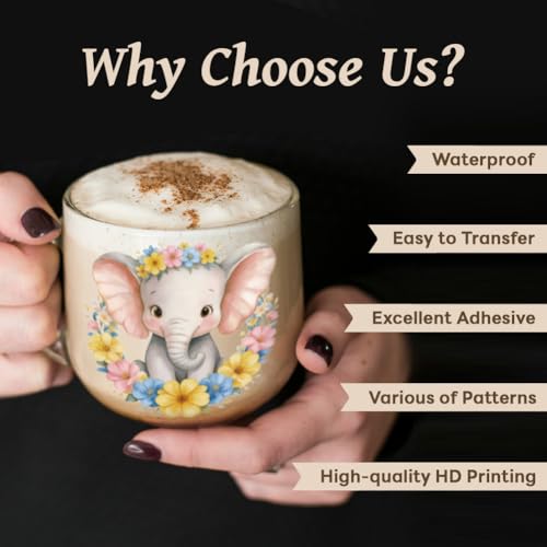 Peacoblue UV DTF Cup Wraps Transfer Stickers Elephant Pattern, 10 Sheets Waterproof Custom Vinyl Transfer Sticker 16oz Coffee Glass Cup Tumbler Bottle Mug Decals for Men Women - style: Elephant
