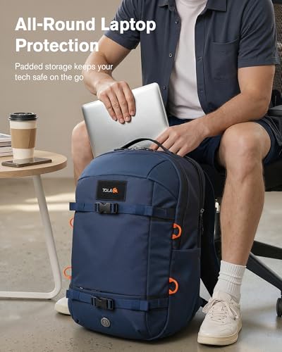 Tolaccea 30L Travel Laptop Backpack TSA Carry-On for Business Trips Commute | 100% RPET Recycled Fabric | EVA-cushioned Laptop Protection | TSA 180° Lay-flat Opening | Reinforced Stability Base Panel - color: Navy