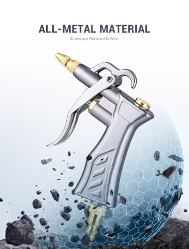 Industrial Air Blow Gun with Brass Adjustable Air Flow Nozzle Kit | Extra 2 Steel & Copper Air Extension, Brass 1/4" Standard Quick Connector, Air Compressor Accessory Tool for Dust Cleaning