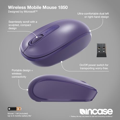Incase Wireless Mobile Mouse 1850 – Designed by Microsoft – Compact, Comfortable, Right/Left Hand Use, 6-Month Battery Life, Nano Transceiver, Works with Mac/Windows 8/10/11 (Purple) - color: Purple