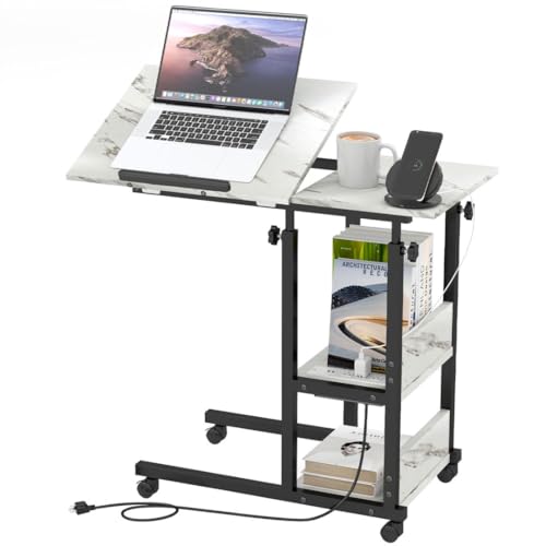 Hadulcet Adjustable C Table with Charging Station, Tiltable Desk C Shaped End Table for Couch, Over Bed Table with Wheels Adjustable Height, Hospital Table Laptop Stand Drawing Desk, Marble White - color: Marble White, style: Upgrade
