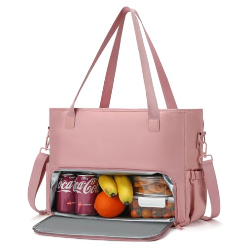 Lunch Tote Bag for Women with 15.6" Laptop Compartment, Work Tote Bag with Insulated Lunch Compartment, Large Casual Canvas Handbag Luncg Bags for Nurse, Teacher, Office, Travel, Beach, Pink - color: Pink