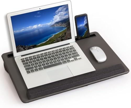 Lap Desk Home Office Lap Desk Portable Laptop Desk for Left Right - Handers with Whole Mouse Pad Wrist Pad Dual Cushion Phone Tablet Slots Fits Up to 17 Inch Laptops - color: Wood Brown