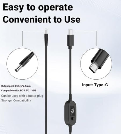 100W PD Power Charger USB-C to DC Adjustable PD Cable with Digital Display, 40 Inches, Black, Multiple Voltage Settings, Male to Male DC 5V 9V 12V 15V 20V Adapter Cable (Default +34-in-1 DC Tip) - style: Default +34-in-1 DC Tip