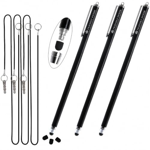 The Friendly Swede Stylus Pen for Touchscreen with Replaceable Thin Tips | 3 Spare Rubber Tips, 3 Elastic Lanyards, Microfiber Cleaning Cloth Included, 3-Pack 7.3" High Precision Stylus Pen, Black - color: Black