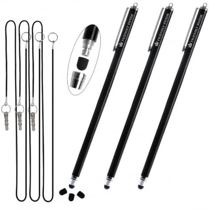 The Friendly Swede Stylus Pen for Touchscreen with Replaceable Thin Tips | 3 Spare Rubber Tips, 3 Elastic Lanyards, Microfiber Cleaning Cloth Included, 3-Pack 7.3" High Precision Stylus Pen, Black - color: Black