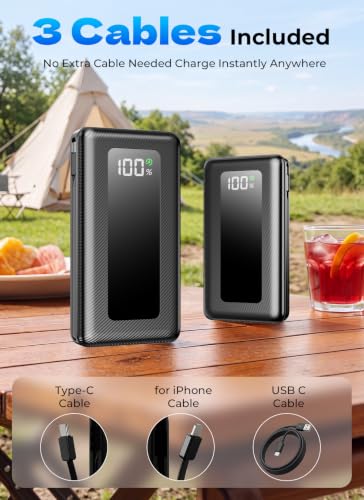 50000mAh High-Capacity Power Bank with Built-in Cables, 22.5W Fast Charging | Ultra-High Capacity, Travel Essential, Charge 4 Devices, Flashlight, for iPhone 17/16/15 Series, Samsung, iPad & Laptops Onyx - color: Onyx