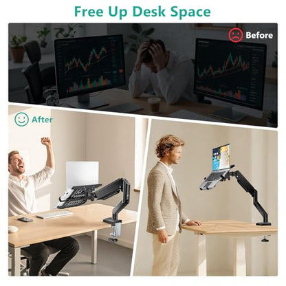 WALI Single Arm Laptop and Monitor Desk Mount for 17" Notebook and Up to 32" Screen, 2-in-1 Adjustable Gas Spring Monitor Arm with Laptop Tray, VESA 75x75 100x100,Holds 22-26.4 lbs, Black (GSMP001NLP) - size: Single, style: Fully Adjustable Desk Mount