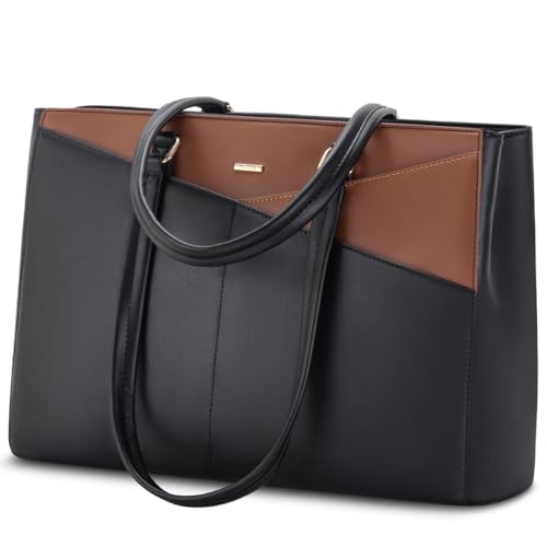 LOVEVOOK Laptop Tote Bag for Women,Computer Briefcase for Work Office | Fits 15.6 Inch Laptop, Waterproof Front Pocket, Shoulder Strap, Large Purse for Business Office Work, Black/Brown - color: Black/Brown 15.6 Inch, size: 15.6 inch