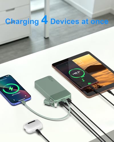 NOBIS Power Bank 20000mAh 65W Laptop Portable Charger | Battery Pack with attached USBC Cable 2 USB-C & 2 USB-A Ports, for Laptop,Pad,tablet,Phone 17/16/15/14,S26 - color: Green