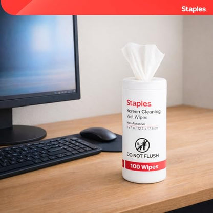 Staples Screen Cleaning Wipes – 100 per Tub, Safe for Monitors, Laptops & Electronics, 2‑Pack - size: 100 Count (Pack of 2)