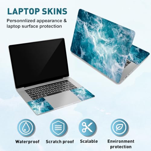 PLIGREAT 15 Inches Laptop Decal Sticker Skin Cover, Sea Wave Pattern Laptop Sticker Decals Fits 12" to 15" Laptops Universal Waterproof Removable, Blue White - color: Blue White