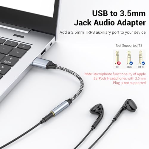 2 Pack USB to 3.5mm Jack Audio Adapter,USB to Audio Aux Headphone Cable | External Stereo Sound Card,USB A to 3.5mm TRRS Female Headset forPS4/PS5/Headphone/Mac/Linux/Laptop/Desktops/Docking Station - size: 2Pack 4 inch