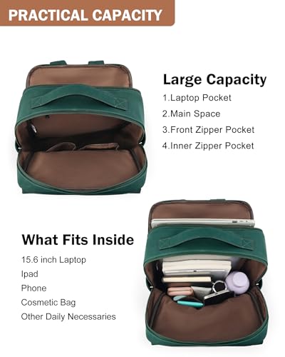 MASINTOR 15.6 inch PU Leather Laptop Backpack Purse for Women | College Laptop Backpack, Spacious Main Compartment, Luggage Strap & Padded Sleeve, Ideal for Campus, Commute & Travel - color: Retro Green
