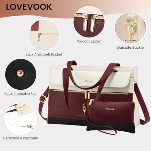 LOVEVOOK Laptop Tote - 15.6 Inch Professional Leather Computer Briefcase - Waterproof Shoulder Bag - Large Capacity Business Teacher Office Bag - Crossbody Purse - color: 168# Dark Red/Off-white, size: 15.6 Inch