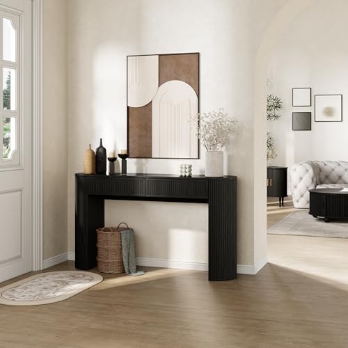 55" Fluted Console Table with 2 Drawers & LED Lights,Entryway Tables with Charging Station,Narrow Sofa Table Behind Couch,Mid-Century Modern Foyer Table for Entryway, Hallway, Living Room(Black) - color: Black