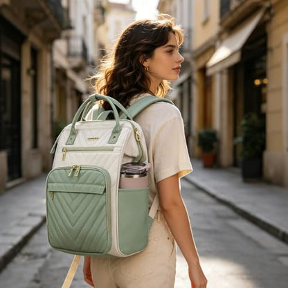 VANKEAN 17 Inch Laptop Backpack for Women Large Capacity Waterproof Daypack - color: Beige-light Green, size: 17.3 Inch