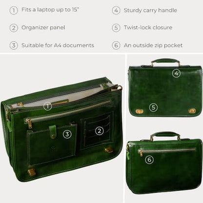 Time Resistance Leather Briefcase for Men - Italian Full Grain Leather Laptop Bag - Messenger Bag - Gift Box Included - color: Green