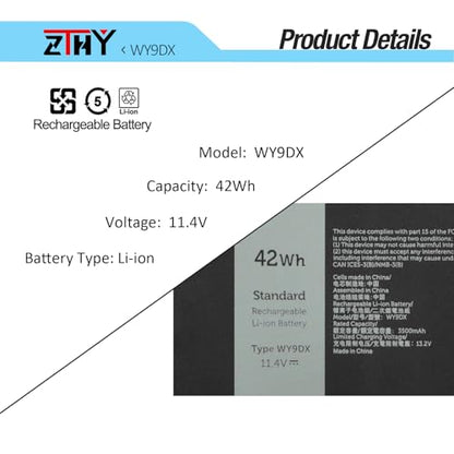 WY9DX Laptop Battery 42Wh Replacement for Dell Latitude 14 5420 15 5520 | Precision 15 3560 Series P137G P137G001 P104F P104F001 P104F002 1K2CF 01K2CF 0M3KCN 075X16 WK3F1 005R42 11.4V 3500mAh 3-Cell - size: 8.46*3.9*0.2inch WY9DX