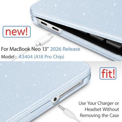 May Chen Compatible with MacBook Neo 13 inch Case 2026 Model A3404, Plastic Hard Shell,Keyboard Cover,Screen Protector,Dust Plug, for MacBook Neo 13" with A18 Pro Chip, Glitter Blue - color: Glitter Blue