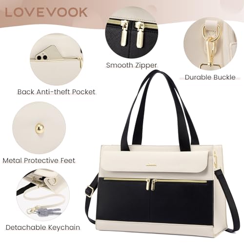 LOVEVOOK Laptop Tote for Women - 15.6 Inch Professional Leather Computer Briefcase - Waterproof Shoulder Bag - Large Capacity Business & Office Bag - color: Black/Beige-1, size: 15.6 Inch