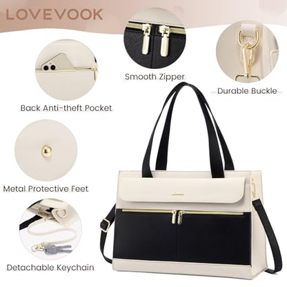 LOVEVOOK Laptop Tote for Women - 15.6 Inch Professional Leather Computer Briefcase - Waterproof Shoulder Bag - Large Capacity Business & Office Bag - color: Black/Beige-1, size: 15.6 Inch