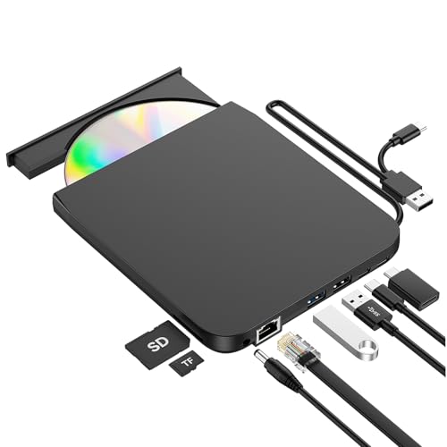 ROOFULL External CD DVD Drive with Ethernet Adapter & USB Hub & Card Reader | 9 in 1 Pro USB 3.0 Type-C CD/DVD ROM +/-RW Burner Reader Writer Player for Laptop PC MacBook Windows 11/10/7 Linux Mac OS - style: 9 In 1 Drive