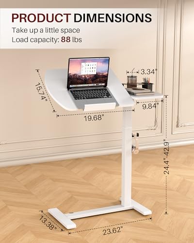 Overbed Bedside Table with Wheels, Pneumatic Adjustable Overbed Table, Tilting Desktop Mobile Standing Desk with Cup Holder/ Pen Holder, Rolling Laptop Desk for Bed, Sofa, or Hospital Use (White) - color: White
