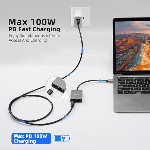USB-C to Ethernet Gigabit Adapter with 100W Power Delivery, USB 3.1 Type-C to RJ45 1000Mbps Ethernet LAN Network Dongle Adapter, Charging and Surfing 2 in 1 for PC, Laptop, Tablet, Smartphone