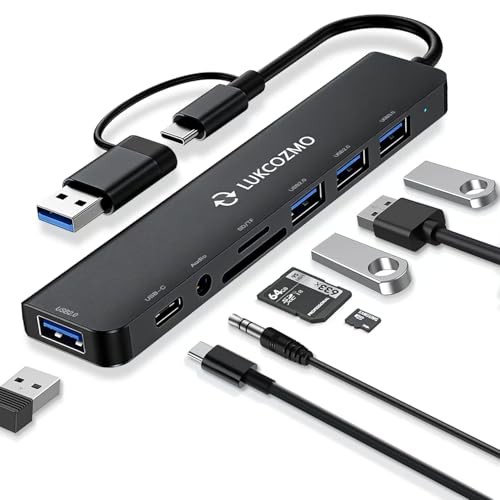 USB-C 7-in-1 Hub: 4 USB 3.0, USB-C, SD/TF, Audio, for MacBook, iPad, Dell, HP, Phones - color: Black