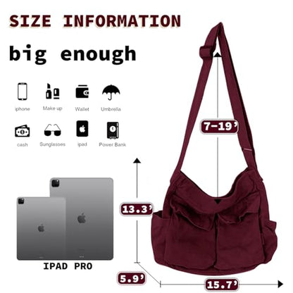 Canvas Messenger Bag Large Hobo Crossbody Bag with Multiple Pockets Casual Shoulder Tote Bag for Women and Men - color: D Red