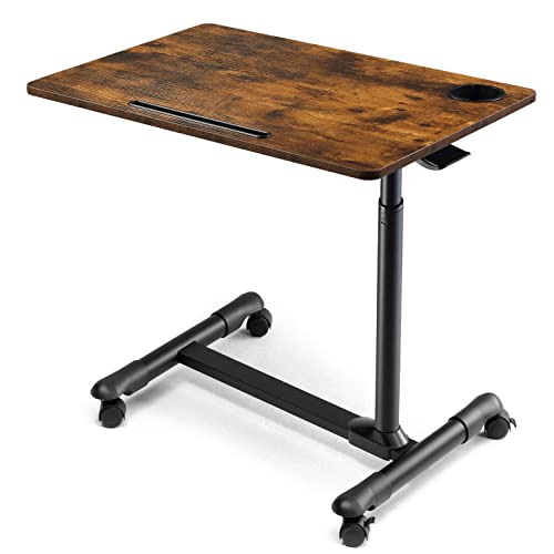 ETHU Overbed Table with Hydraulic Lift, 27.1-34.2 Inch Height Adjustable Bed Table with Lockable Casters - Wood Grain Tabletop with Cup Holder & Charging Slot, 22lbs Capacity Rolling Bedside Desk - color: Walnut