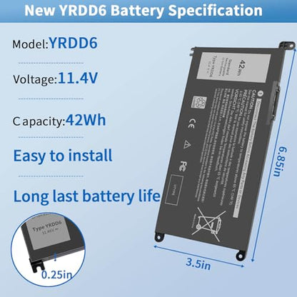 42Wh YRDD6 Battery for Dell inspiron 15 3000 Series 3583 3593 3582 3584 | 3501 inspiron 15 5000 Series 5582 5584 5593 5594 5598 5585 14 3493 5481 5482 5485 5491 5493 7586 Vostro 5481 1VX1H P93G P75F - size: 6.85*3.5*0.25inch