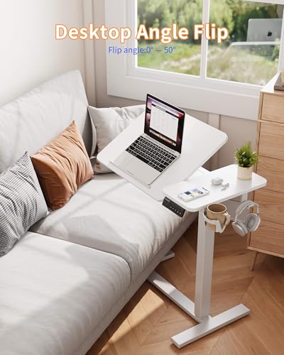 YIHAYO Adjustable Overbed Bedside Table with Wheels, 28 x 16 Inches Electric Mobile Standing Desk, Laptop Desk, Movable Overbed Tables Hospital Home Use, White - color: White Frame/White Top, size: 28*16 Inch
