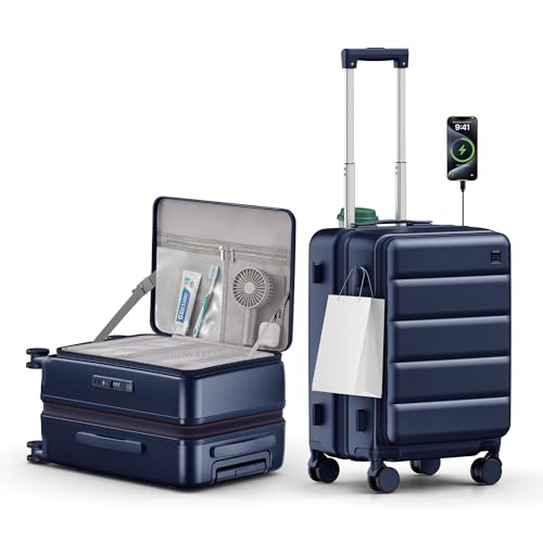 Expandable 20Inch Carry On Luggage Airline Approved - Top Opening Hardside Travel Suitcase Unbreakable -with Cup Holder,USB Charge,Side Pothook, 360°Spinner Wheels, TSA Lock-Navy Blue - color: Navy Blue, size: 20 Inch-EXT