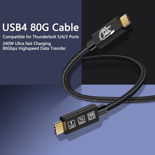 USB4 Cable, with Thunderbolt 5 Cable, 240 W Charging, 80 Gbps Data, gen4,16K@60Hz 4K120Hz HDR, USB C to USB C C, for Hub, Dock, M2, M3, SSD, Laptops, Monitor (TB5 80G 240W 1.5M) - size: TB5 80G 240W 1.5M