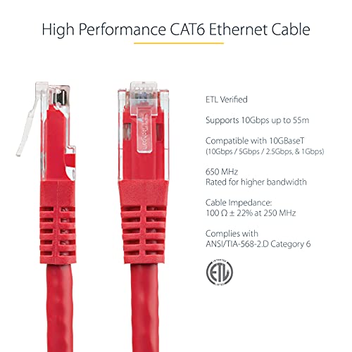 StarTech 3ft CAT6 Ethernet Cable - Red CAT 6 Gigabit Ethernet Wire -250Mhz 100W PoE RJ45 UTP Molded Network Patch Cord with Strain Relief (C6PATCH3RD) | 250MHz bandwidth, Gold-plated RJ45, Patch Cable, Ethernet Cord, UTP Molded Network, Strain Relief, 10G