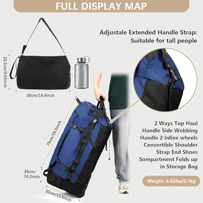 Rolling Duffle Bag with Wheels,86L 30”Carry on Luggage with Wheels,Folding Travel Bag,Duffle Backpack with Separate Shoe Compartment (Dark Blue) - color: Dark Blue